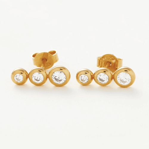 Gold Triple Stone Stud Earrings