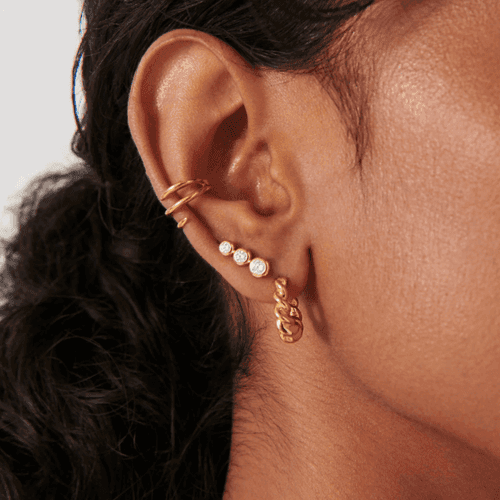 Gold Triple Stone Stud Earrings