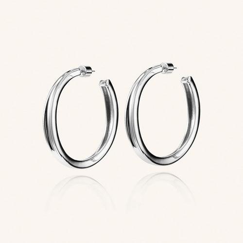 Rhodium Silver Slim Doune Hoop Earrings