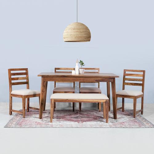 Mateo Sheesham Wood 6 Seater Dining Table with 4 Chairs and 1 Bench