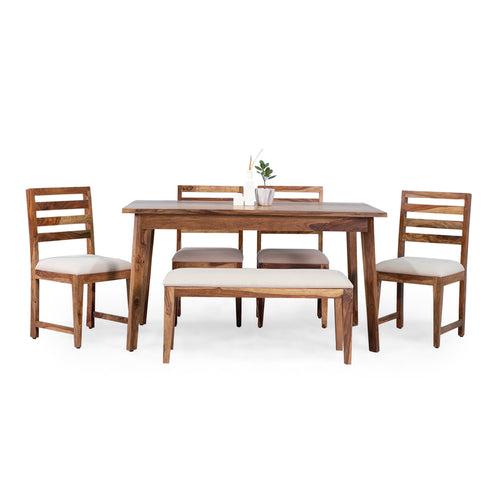 Mateo Sheesham Wood 6 Seater Dining Table with 4 Chairs and 1 Bench