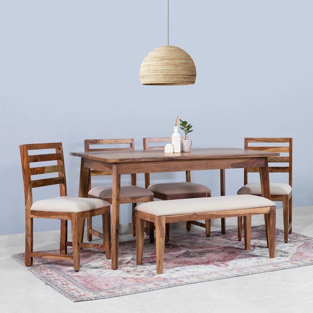 Mateo Sheesham Wood 6 Seater Dining Table with 4 Chairs and 1 Bench