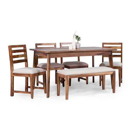 Mateo Sheesham Wood 6 Seater Dining Table with 4 Chairs and 1 Bench