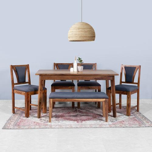 Emilio Sheesham Wood 6 Seater Dining Table with 4 Chairs and 1 Bench