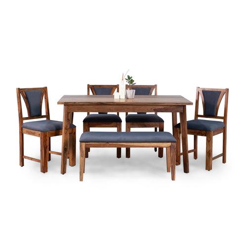 Emilio Sheesham Wood 6 Seater Dining Table with 4 Chairs and 1 Bench