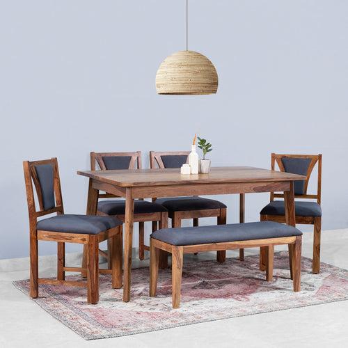 Emilio Sheesham Wood 6 Seater Dining Table with 4 Chairs and 1 Bench