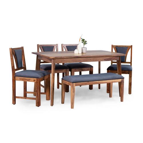 Emilio Sheesham Wood 6 Seater Dining Table with 4 Chairs and 1 Bench