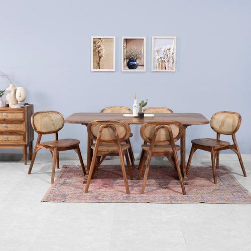 Lucas Rattan Sheesham Wood 6 Seater Dining Table with 6 Chairs