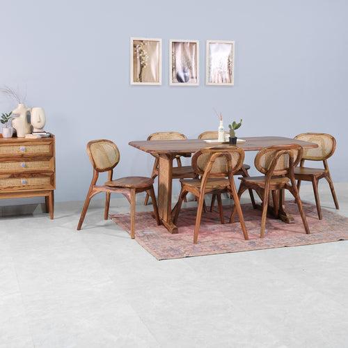 Lucas Rattan Sheesham Wood 6 Seater Dining Table with 6 Chairs