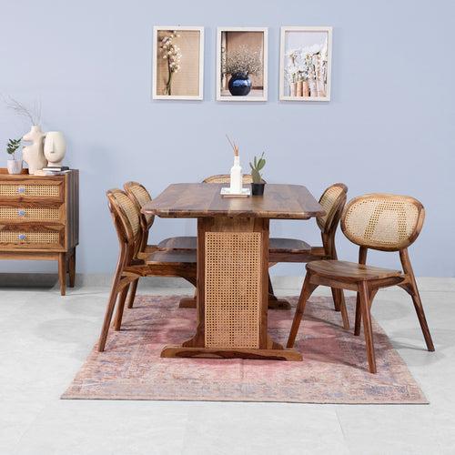 Lucas Rattan Sheesham Wood 6 Seater Dining Table with 6 Chairs