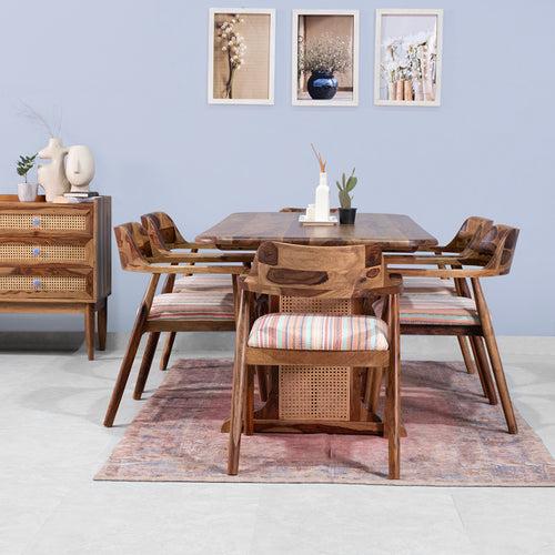 Diego Rattan Sheesham Wood 6 Seater Dining Table with 6 Chairs