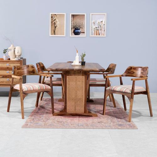 Diego Rattan Sheesham Wood 6 Seater Dining Table with 6 Chairs