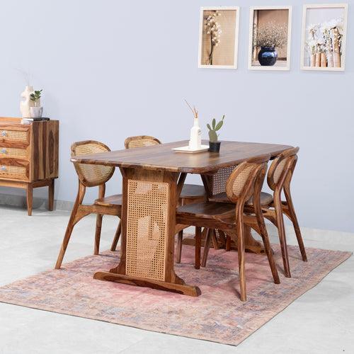 Lucas Rattan Sheesham Wood 6 Seater Dining Table with 6 Chairs