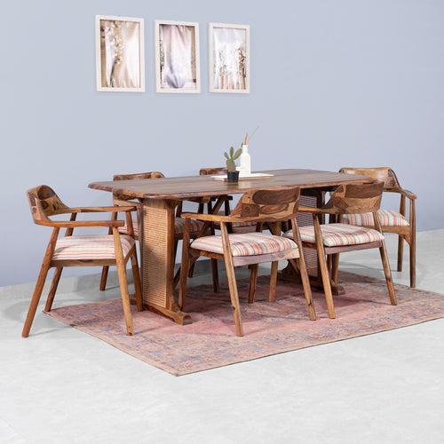 Diego Rattan Sheesham Wood 6 Seater Dining Table with 6 Chairs