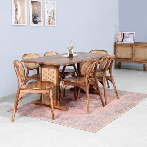 Lucas Rattan Sheesham Wood 6 Seater Dining Table with 6 Chairs