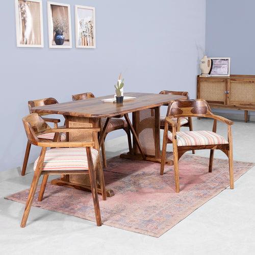 Diego Rattan Sheesham Wood 6 Seater Dining Table with 6 Chairs