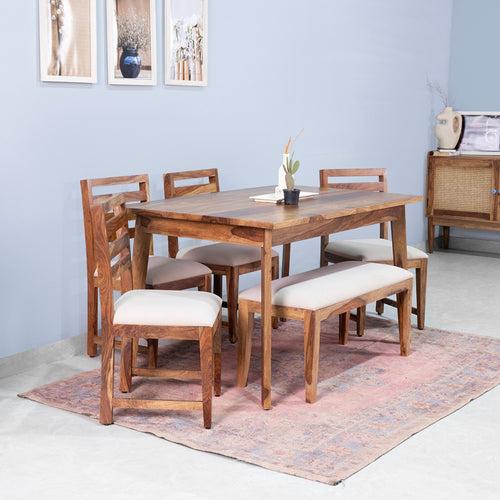 Mateo Sheesham Wood 6 Seater Dining Table with 4 Chairs and 1 Bench