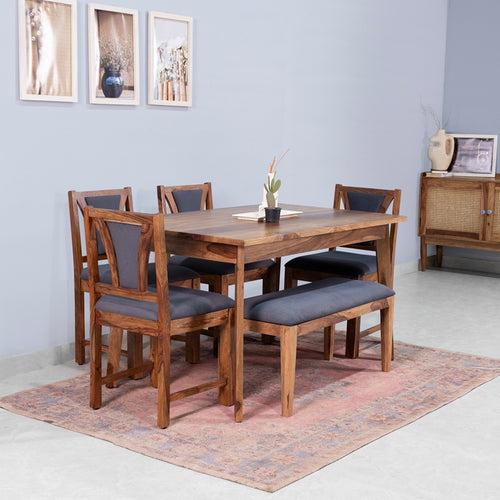 Emilio Sheesham Wood 6 Seater Dining Table with 4 Chairs and 1 Bench