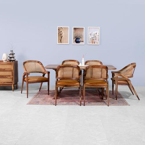 Dainius Sheesham Wood Rattn 6 Seater Dining Table with 6 Chairs