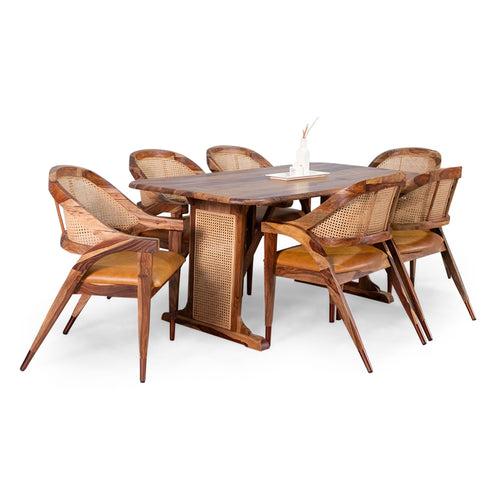 Dainius Sheesham Wood Rattn 6 Seater Dining Table with 6 Chairs