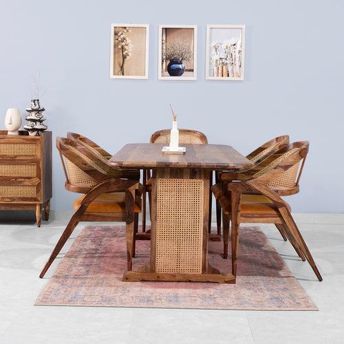 Dainius Sheesham Wood Rattn 6 Seater Dining Table with 6 Chairs