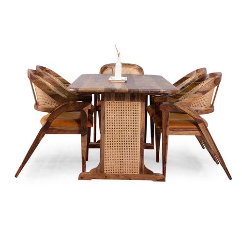 Dainius Sheesham Wood Rattn 6 Seater Dining Table with 6 Chairs