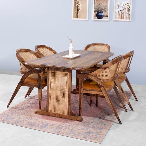 Dainius Sheesham Wood Rattn 6 Seater Dining Table with 6 Chairs