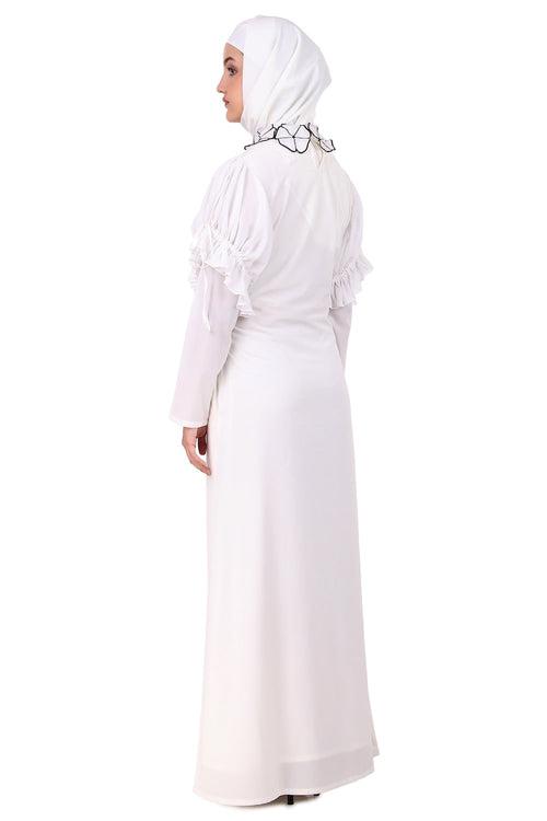 Embroidered Floral Neck White Abaya