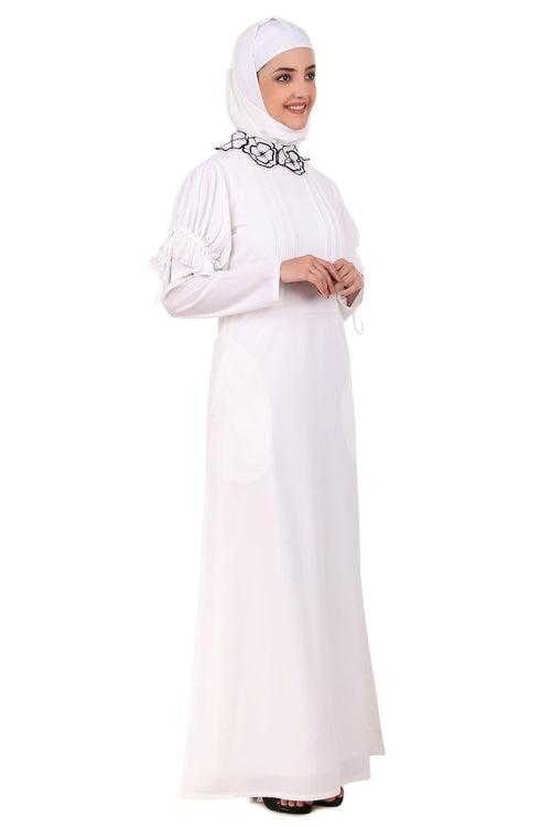 Embroidered Floral Neck White Abaya