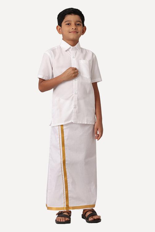 UATHAYAM Junior Star Premium White Art Silk Half Sleeve Solid Regular Fit Shirt + Jari Dhoti Set For Kids