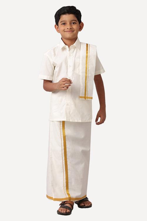 UATHAYAM Junior Star Premium Cream Art Silk Half Sleeve Solid Regular Fit Shirt + Jari Dhoti Set For Kids
