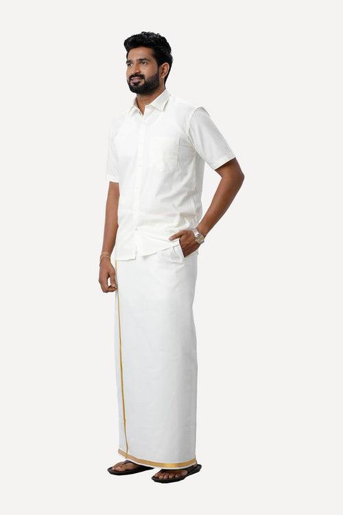 UATHAYAM Premium Cotton Cream Shirt and Fixit Gold Jari Dhoti Set Collection For Men