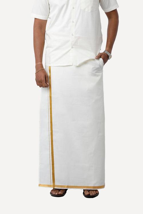 Uathayam Premium Cotton Cream Shirt and Yonex Gold Double Jari Pocket Dhoti Set For Men