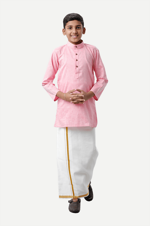 UATHAYAM Exotic Cotton Rich Blend Full Sleeve Solid Regular Fit Kids Kurta + Dhoti 2 In 1 Set (Soft Pink)