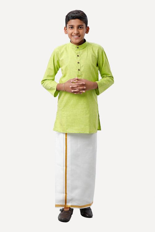 UATHAYAM Exotic Cotton Rich Blend Full Sleeve Solid Regular Fit Kids Kurta + Dhoti 2 In 1 Set (Light Green)