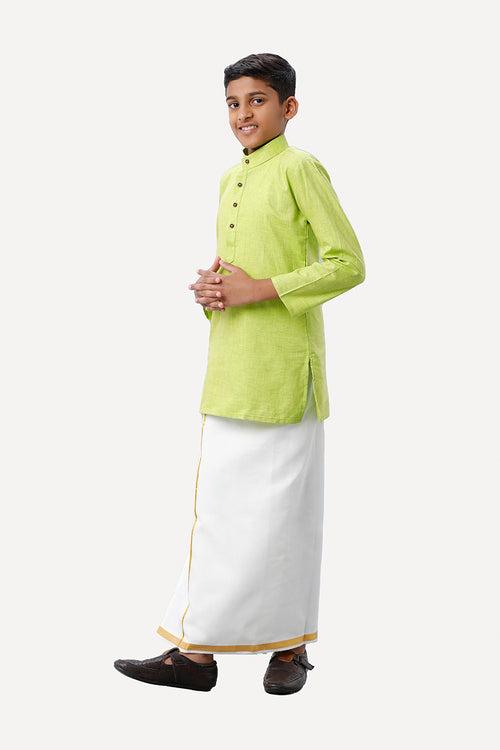 UATHAYAM Exotic Cotton Rich Blend Full Sleeve Solid Regular Fit Kids Kurta + Dhoti 2 In 1 Set (Light Green)