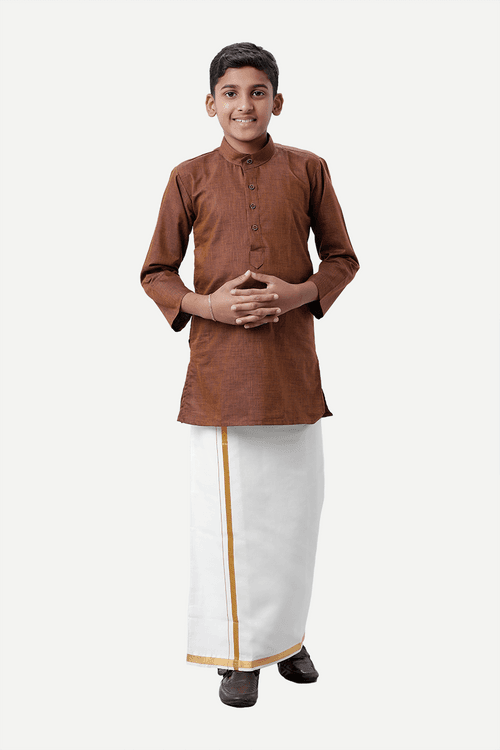 UATHAYAM Exotic Cotton Rich Blend Full Sleeve Solid Regular Fit Kids Kurta + Dhoti 2 In 1 Set (Dark Brown)