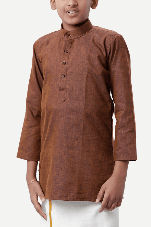 UATHAYAM Exotic Cotton Rich Blend Full Sleeve Solid Regular Fit Kids Kurta + Dhoti 2 In 1 Set (Dark Brown)