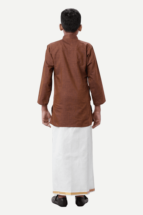 UATHAYAM Exotic Cotton Rich Blend Full Sleeve Solid Regular Fit Kids Kurta + Dhoti 2 In 1 Set (Dark Brown)