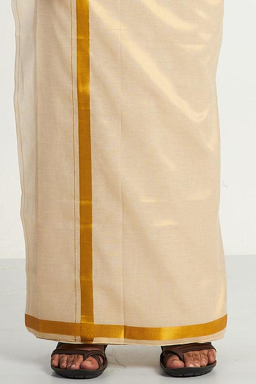 UATHAYAM Golden Yellow Color Cotton Rich Blend Vaibhav Shirt and Tissue Jari Dhoti (2 In 1) Set For Men