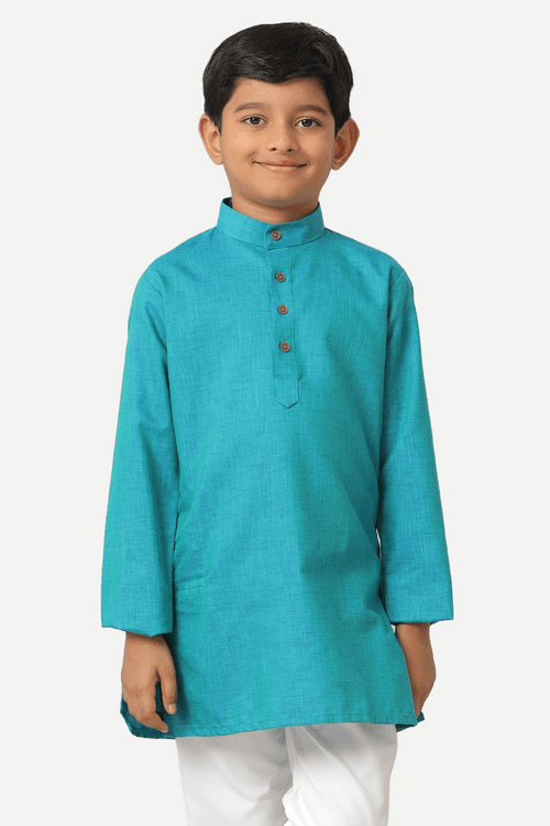 UATHAYAM Exotic Cotton Rich Blend  Full Sleeve Solid Regular Fit Kids Kurta + Pyjama 2 In 1 Set (Aqua Blue)