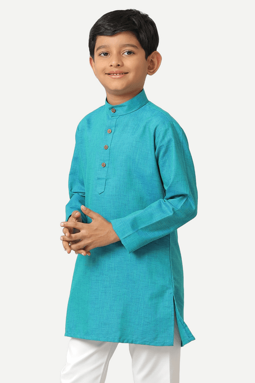 UATHAYAM Exotic Kurta Cotton Rich Blend  Full Sleeve Solid Regular Fit For Kids (Aqua Blue)