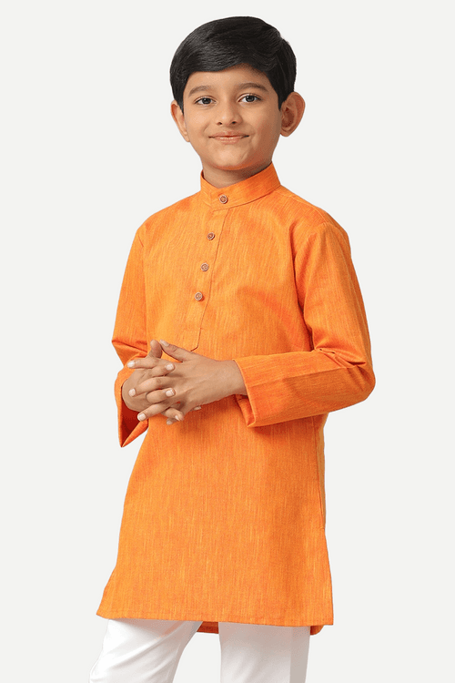 UATHAYAM ExoticCotton Rich Blend  Full Sleeve Solid Regular Fit Kids Kurta + Pyjama 2 In 1 Set (Orange)