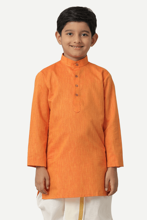 UATHAYAM Exotic Cotton Rich Blend  Full Sleeve Solid Regular Fit Kids Kurta + Panchakacham 2 In 1 Set (Orange)