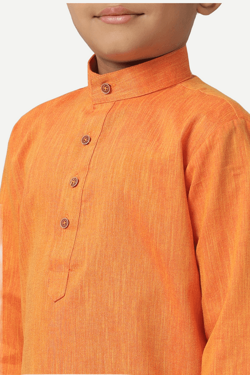 UATHAYAM Exotic Cotton Rich Blend  Full Sleeve Solid Regular Fit Kids Kurta + Panchakacham 2 In 1 Set (Orange)