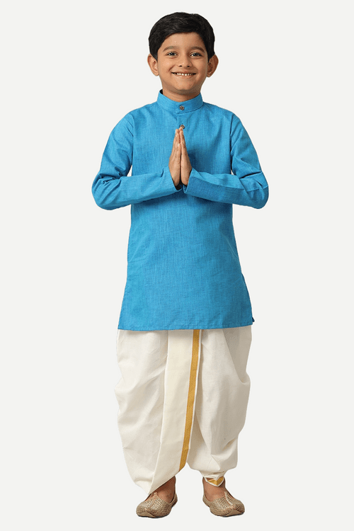 UATHAYAM Exotic Cotton Rich Blend  Full Sleeve Solid Regular Fit Kids Kurta + Panchakacham 2 In 1 Set (Sea Blue)