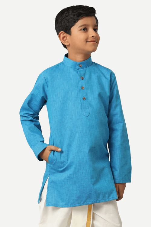 UATHAYAM Exotic Cotton Rich Blend  Full Sleeve Solid Regular Fit Kids Kurta + Panchakacham 2 In 1 Set (Sea Blue)
