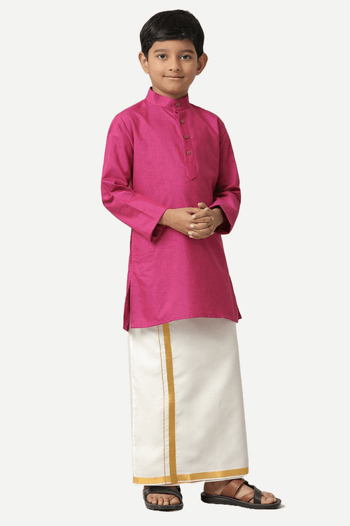 UATHAYAM Exotic Cotton Rich Blend Full Sleeve Solid Regular Fit Kids Kurta + Dhoti 2 In 1 Set (Dark Pink)