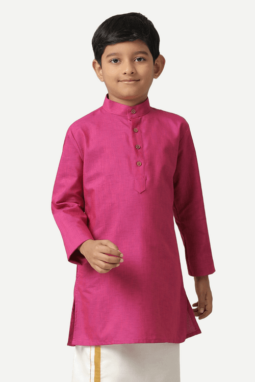 UATHAYAM Exotic Cotton Rich Blend Full Sleeve Solid Regular Fit Kids Kurta + Dhoti 2 In 1 Set (Dark Pink)