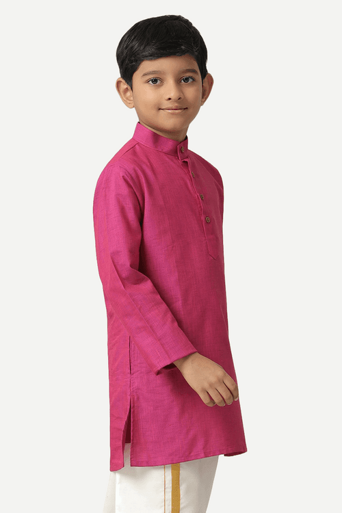 UATHAYAM Exotic Cotton Rich Blend Full Sleeve Solid Regular Fit Kids Kurta + Dhoti 2 In 1 Set (Dark Pink)